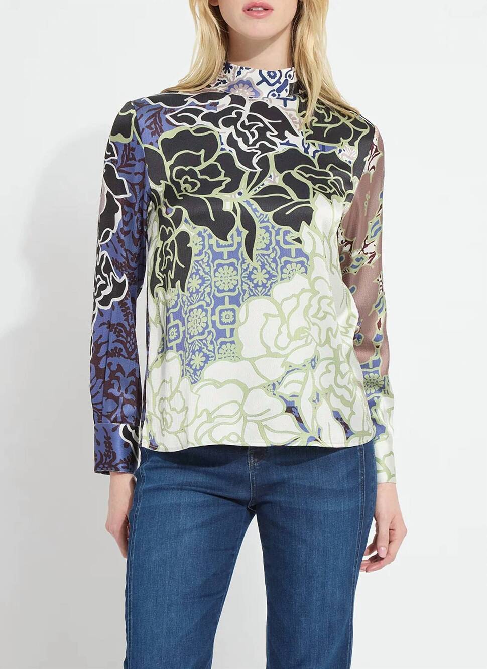 NEW LYSSE seraphina mock neck blouse in antique garden